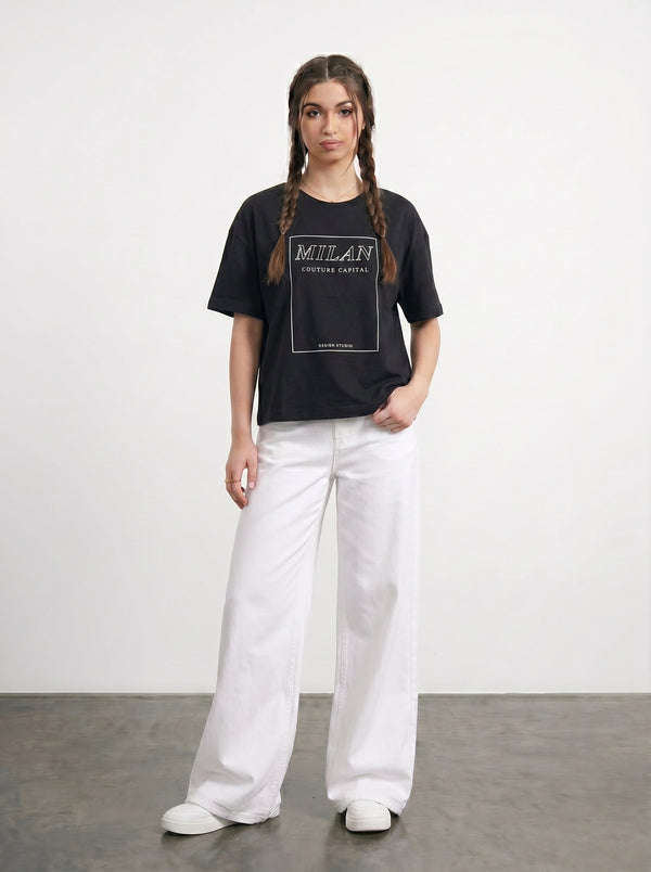 Black Cropped Printed Graphic Tshirt | Montivo Pakistan