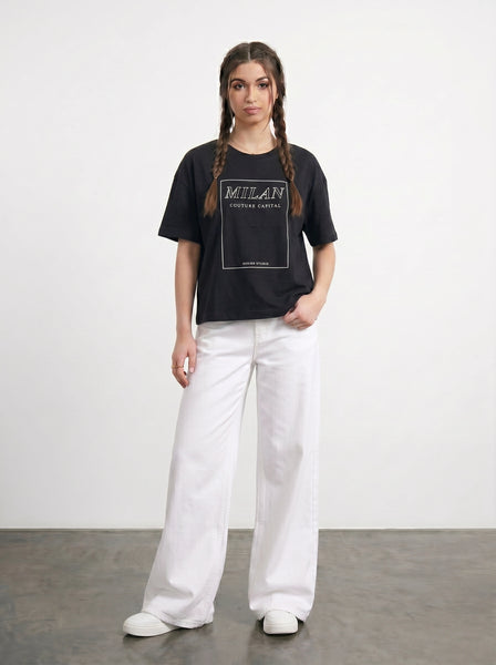Black Cropped Printed Graphic Tshirt | Montivo Pakistan