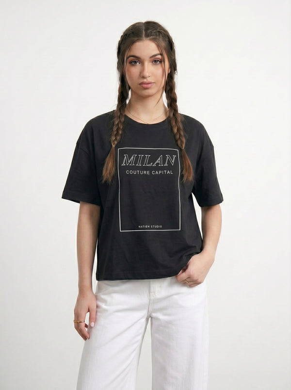 Black Cropped Printed Graphic Tshirt | Montivo Pakistan