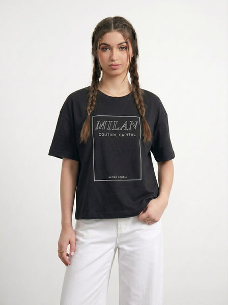 Black Cropped Printed Graphic Tshirt | Montivo Pakistan