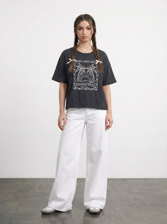 Charcoal Cropped Oversized Printed Tshirt | Montivo Pakistan