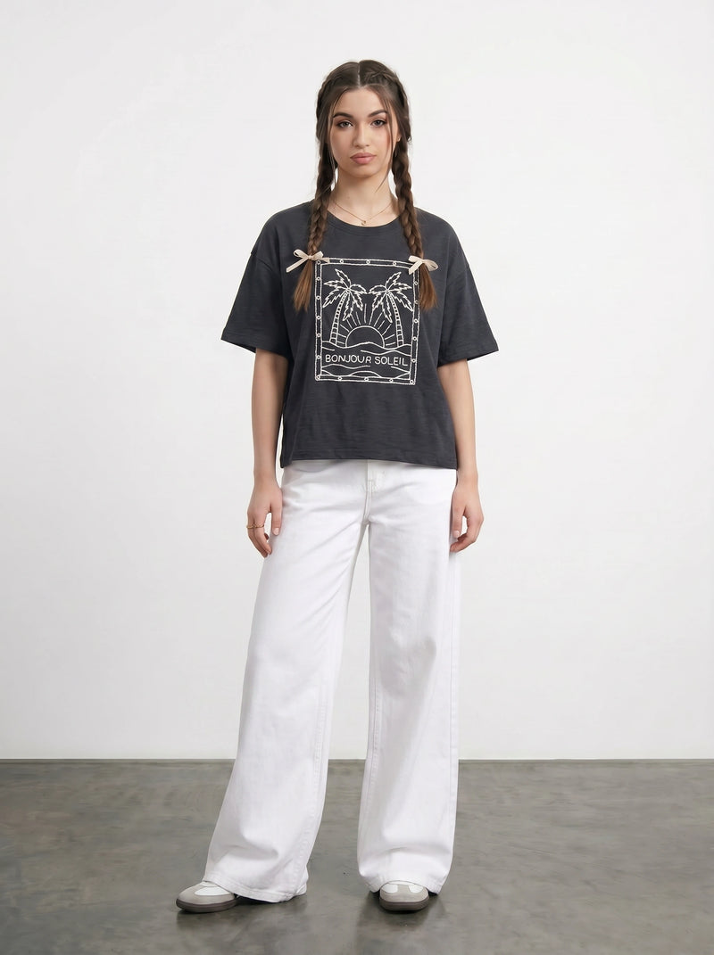 Charcoal Cropped Oversized Printed Tshirt | Montivo Pakistan