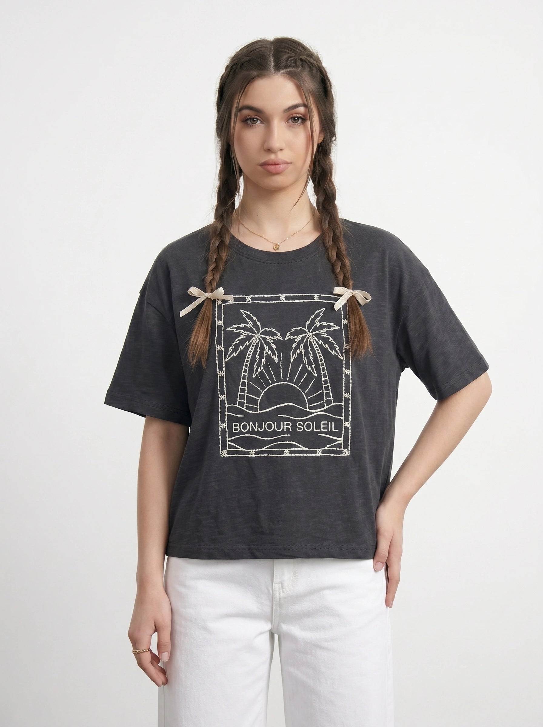 Charcoal Cropped Oversized Printed Tshirt | Montivo Pakistan