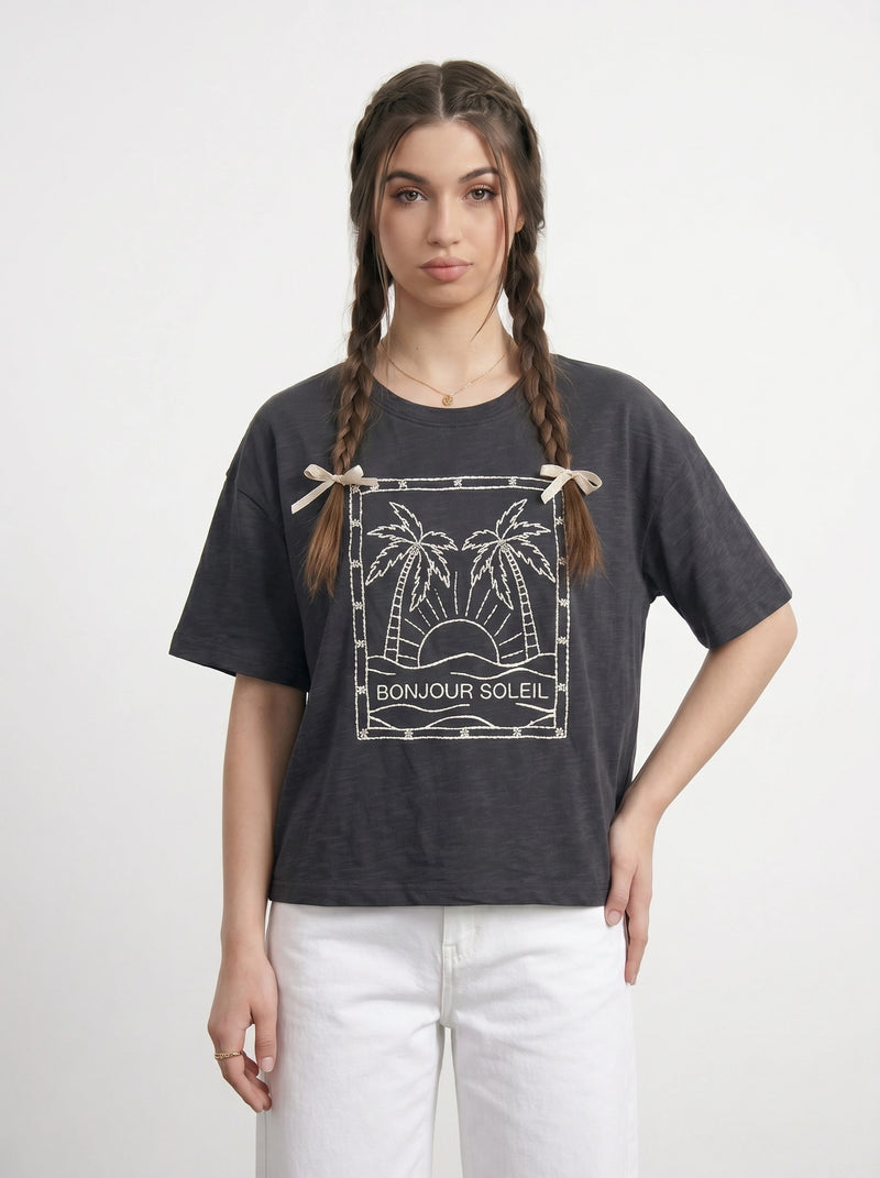 Charcoal Cropped Oversized Printed Tshirt | Montivo Pakistan