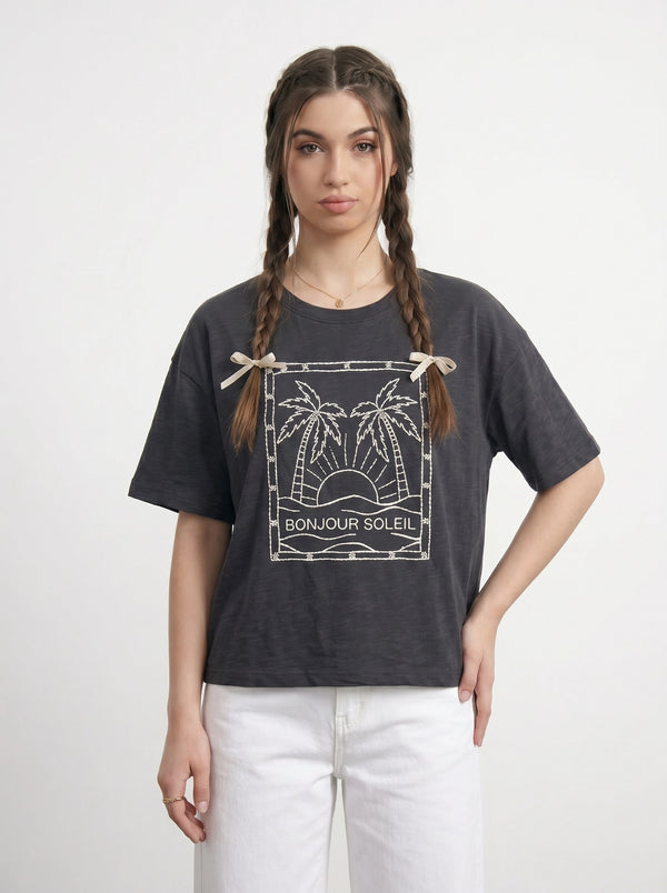 Charcoal Cropped Oversized Printed Tshirt | Montivo Pakistan