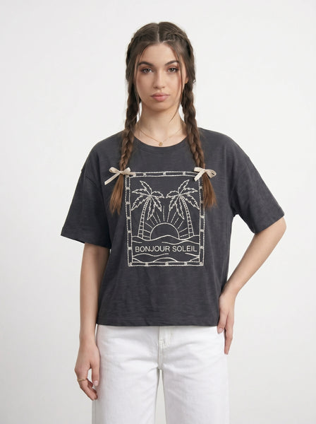 Charcoal Cropped Oversized Printed Tshirt | Montivo Pakistan