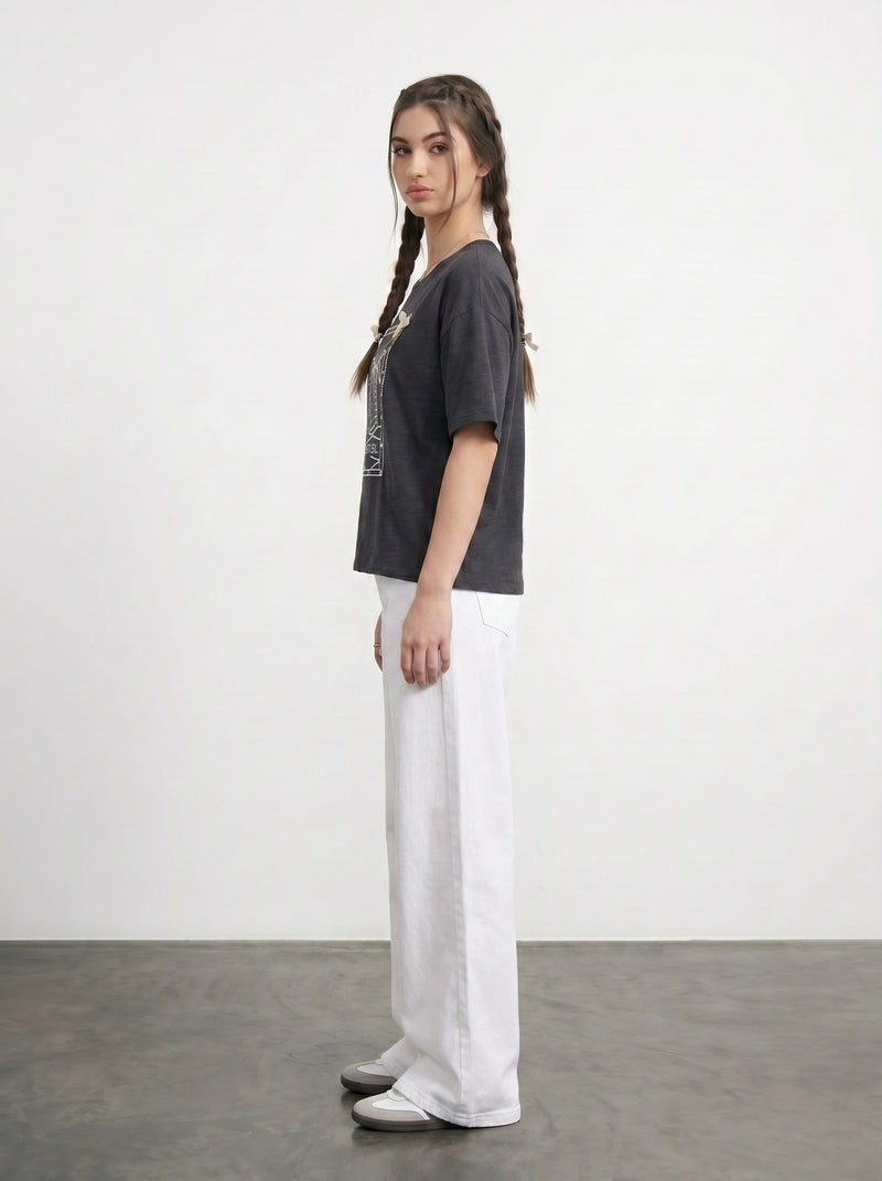 Charcoal Cropped Oversized Printed Tshirt | Montivo Pakistan