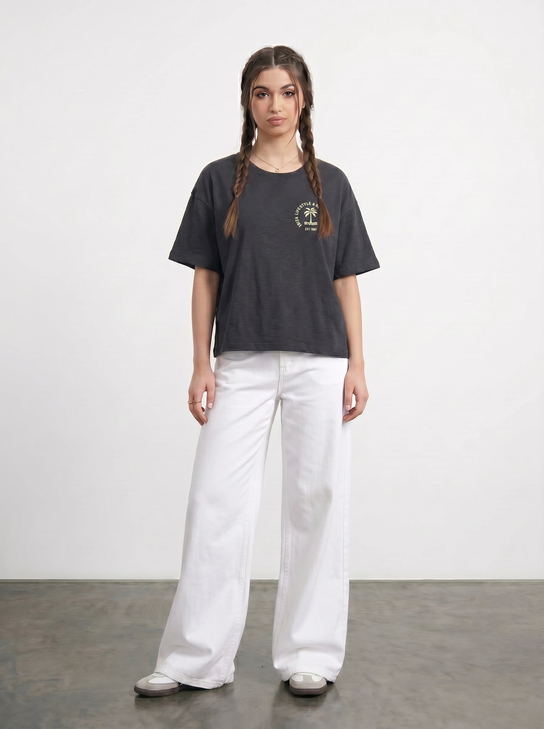 Charcoal Cropped Oversized Ibiza Printed Tshirt | Montivo Pakistan