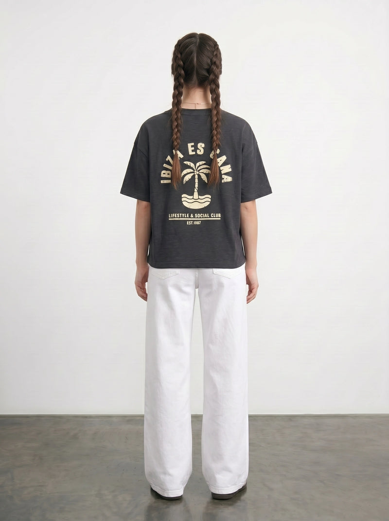 Charcoal Cropped Oversized Ibiza Printed Tshirt | Montivo Pakistan
