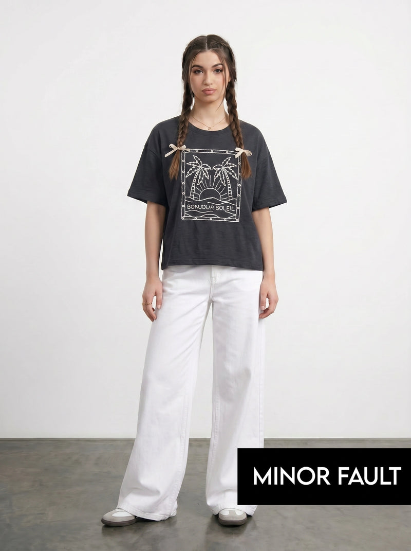 (Minor Fault) Charcoal Cropped Oversized Printed Tshirt | Montivo Pakistan