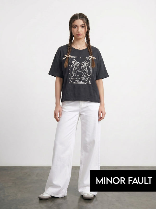 (Minor Fault) Charcoal Cropped Oversized Printed Tshirt | Montivo Pakistan