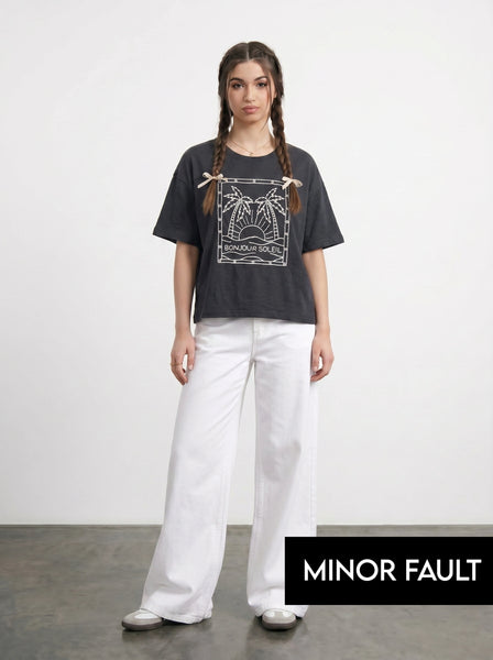 (Minor Fault) Charcoal Cropped Oversized Printed Tshirt