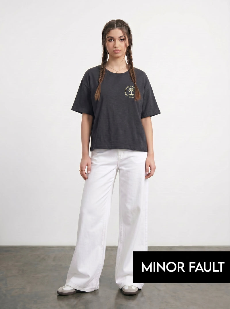 (Minor Fault) Charcoal Cropped Oversized Ibiza Printed Tshirt | Montivo Pakistan