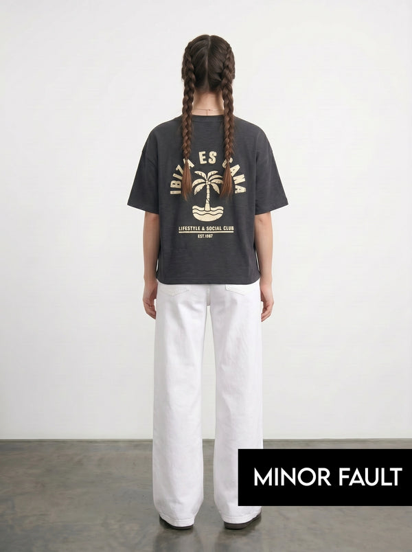 (Minor Fault) Charcoal Cropped Oversized Ibiza Printed Tshirt | Montivo Pakistan