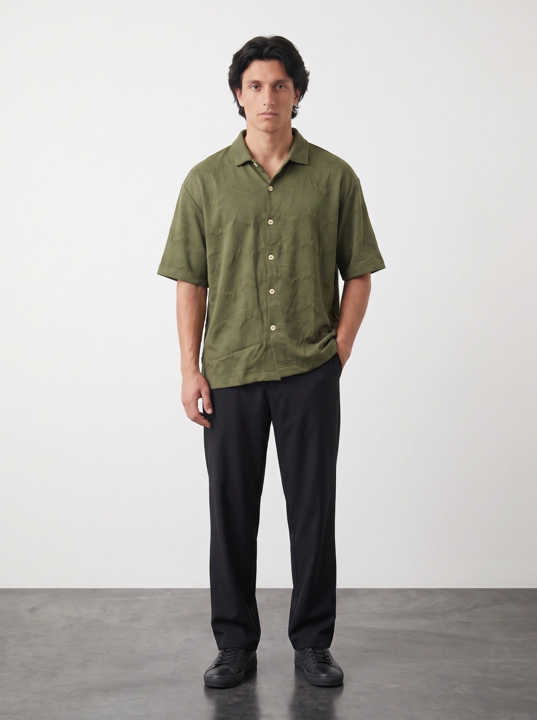Olive Textured Oversized Box Fit Shirt