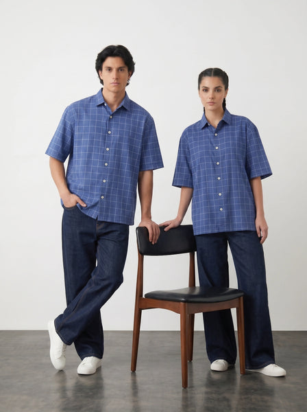 Royal Blue Check Oversized Box Fit Shirt