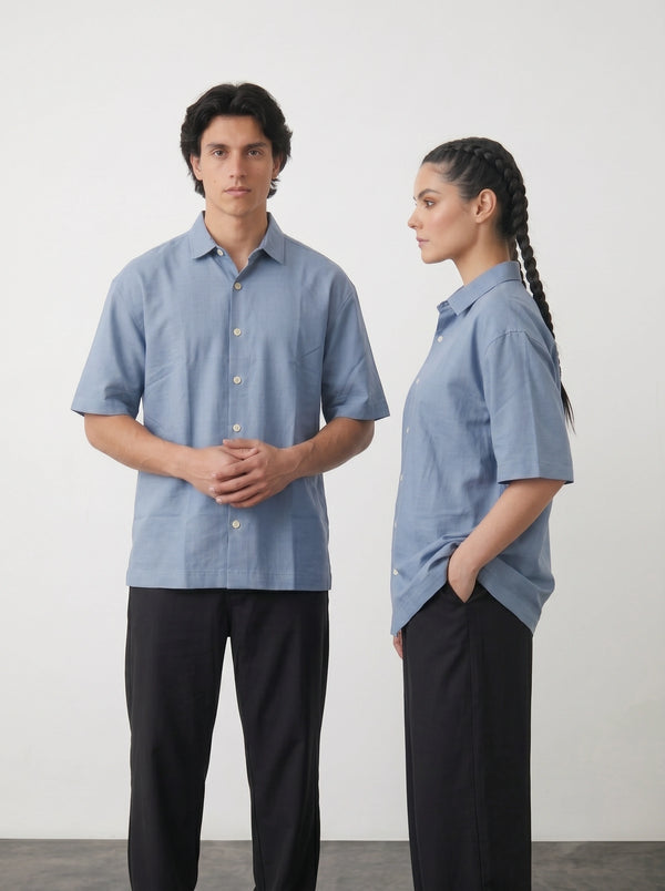Blue Micro Textured Oversized Box Fit Shirt | Montivo Pakistan