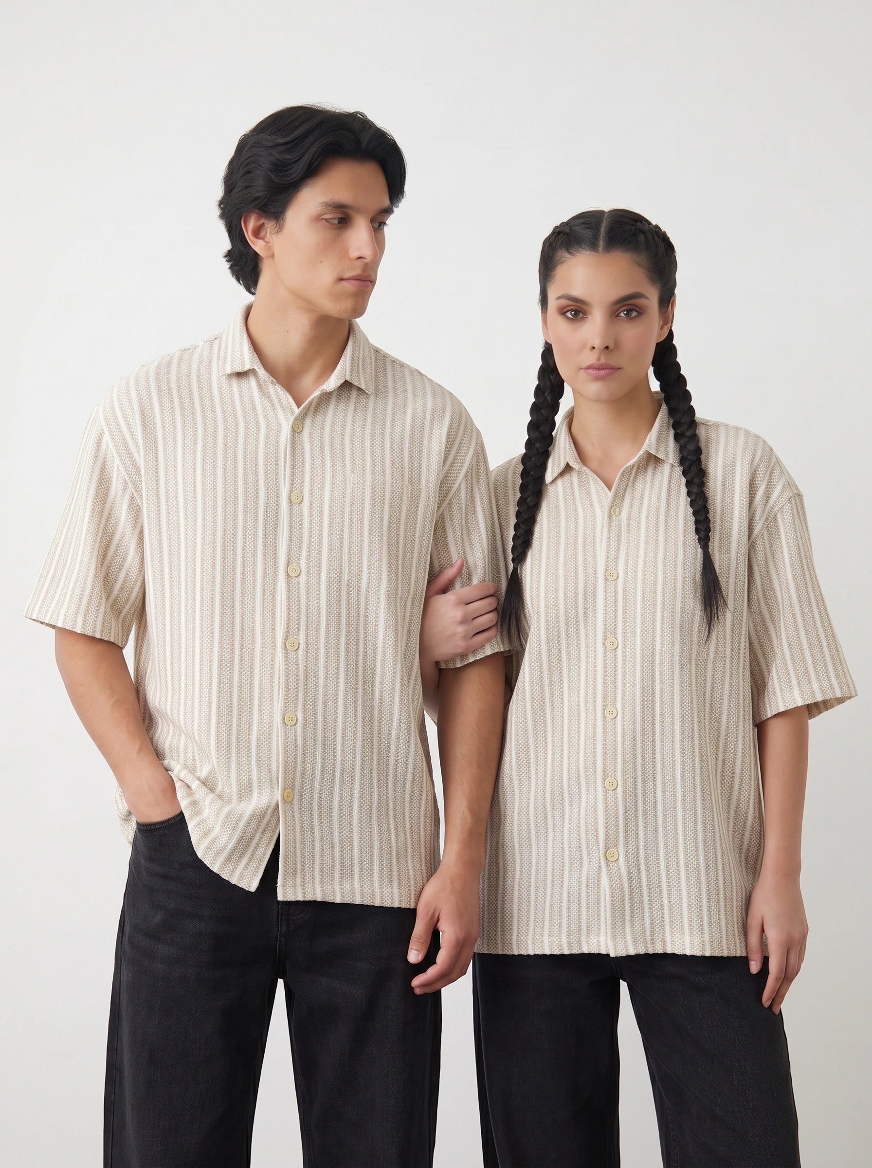 Beige Textured Oversized Box Fit Shirt