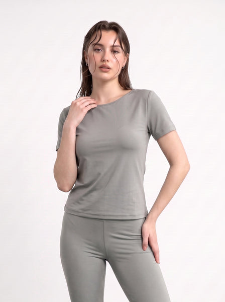 Grey Boat Neck Fitted Tshirt