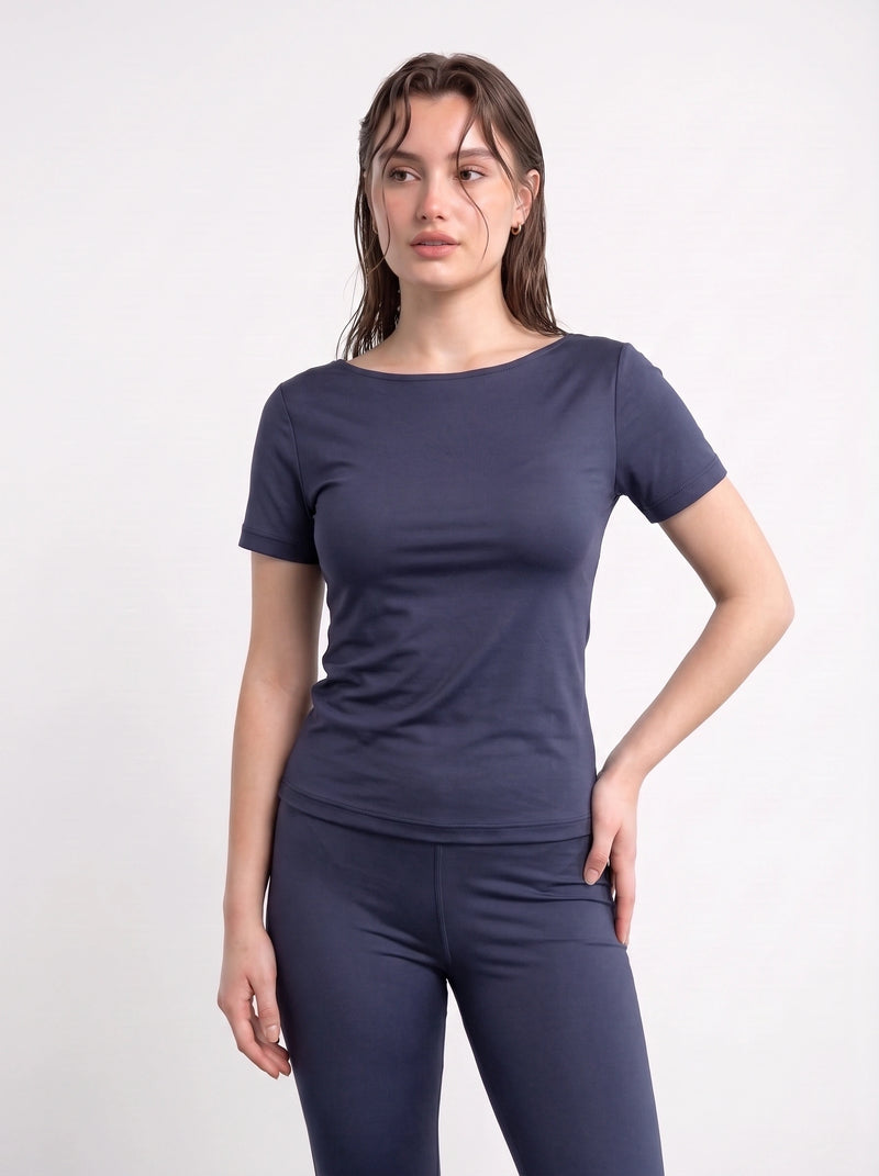 Navy Boat Neck Fitted Tshirt | Montivo Pakistan