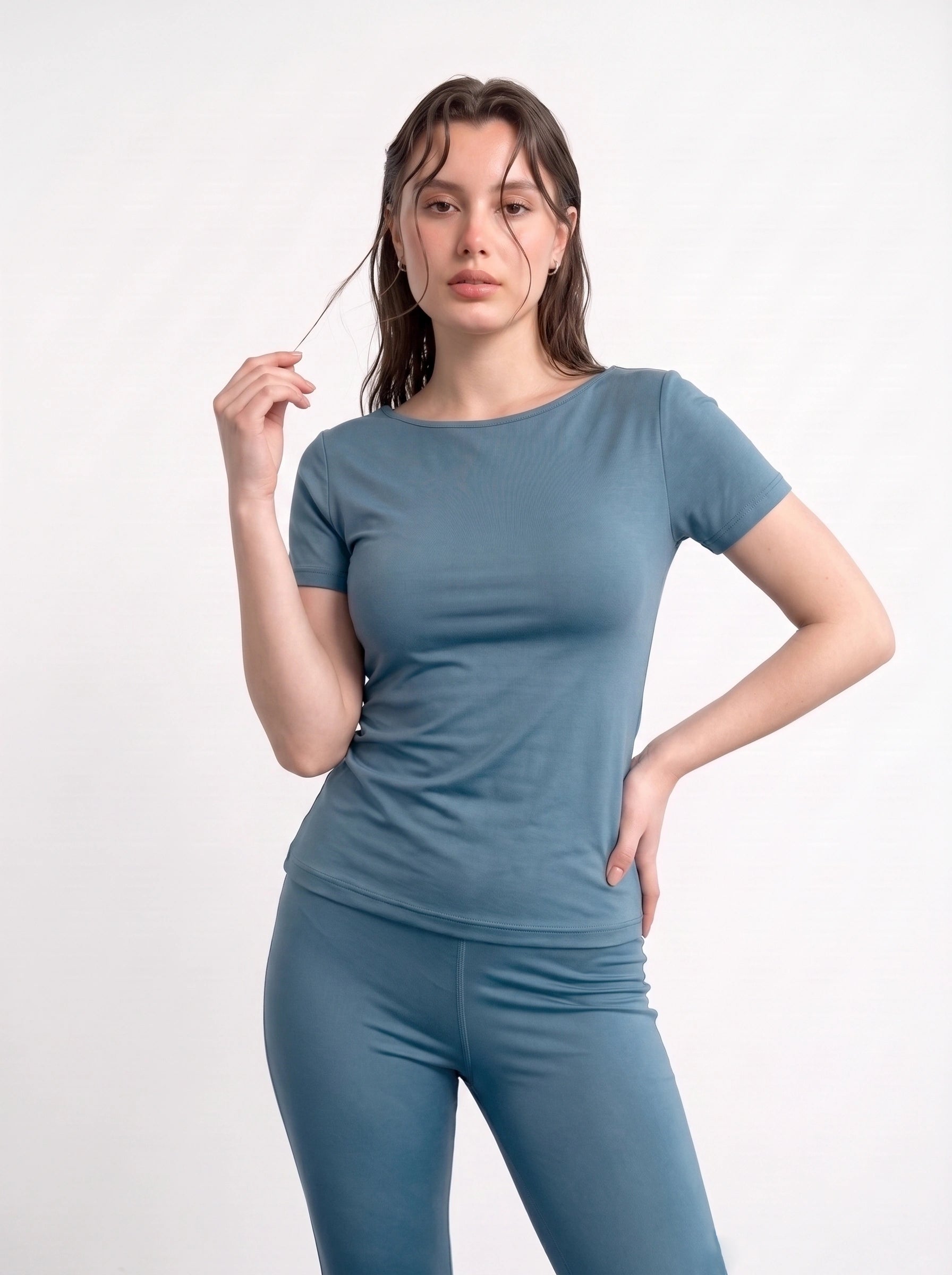 Teal Blue Boat Neck Fitted Tshirt