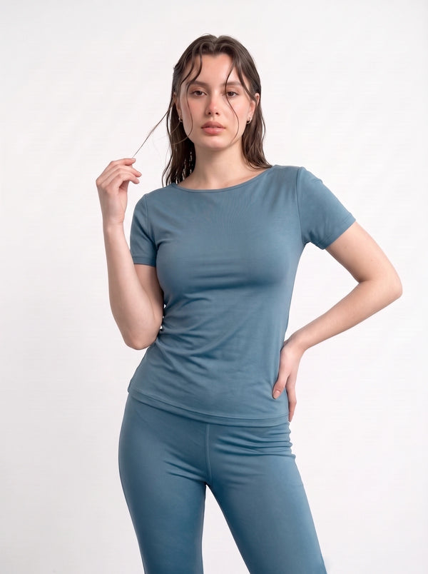 Teal Blue Boat Neck Fitted Tshirt | Montivo Pakistan
