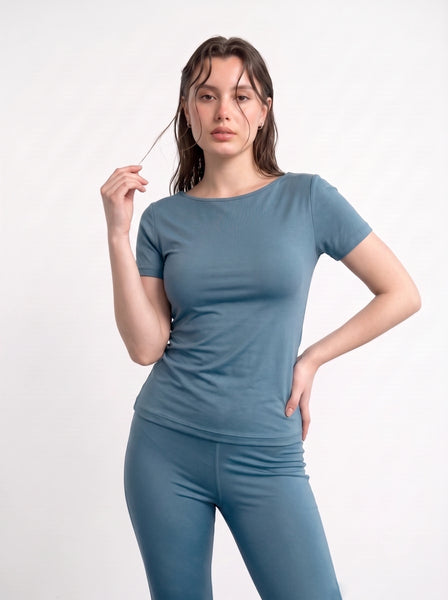 Teal Blue Boat Neck Fitted Tshirt