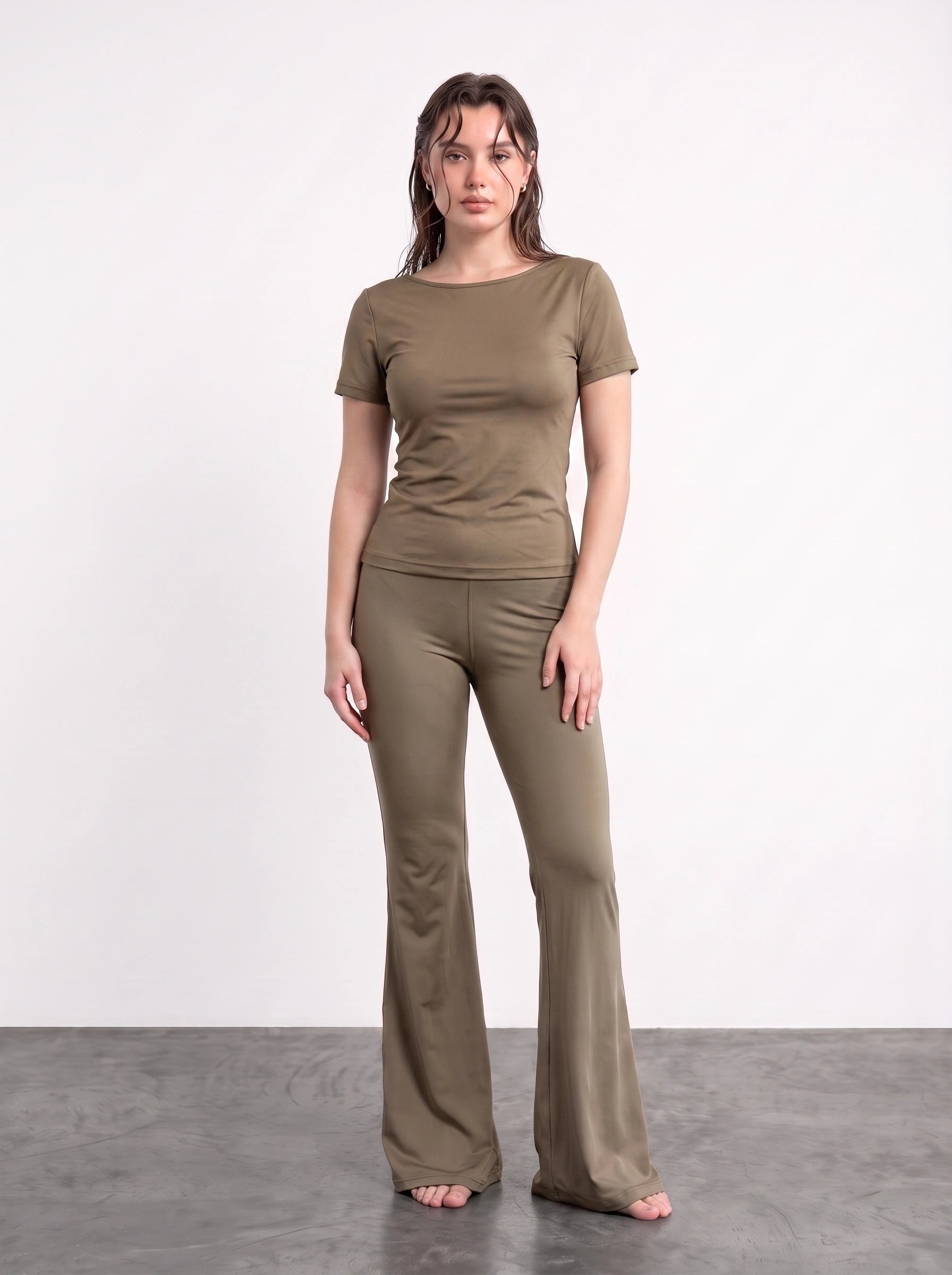Brown Boat Neck Fitted Tshirt