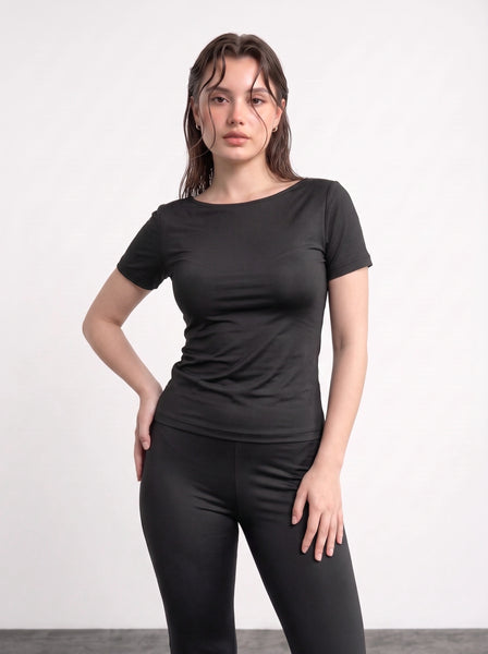 Black Boat Neck Fitted Tshirt
