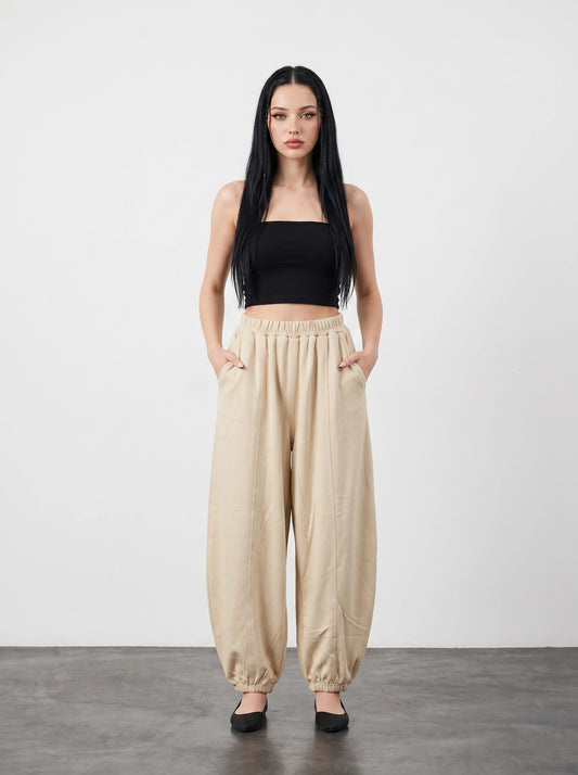 Beige Seamed Balloon Trousers