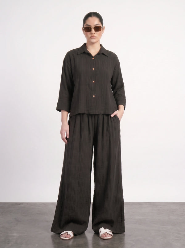 Black Crushed Wide Leg Trousers | Montivo Pakistan