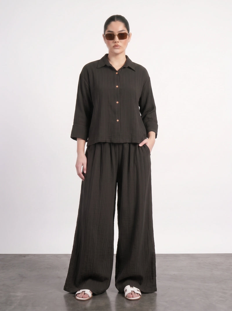 Black Crushed Wide Leg Trousers | Montivo Pakistan