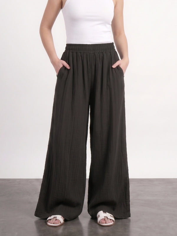 Black Crushed Wide Leg Trousers | Montivo Pakistan