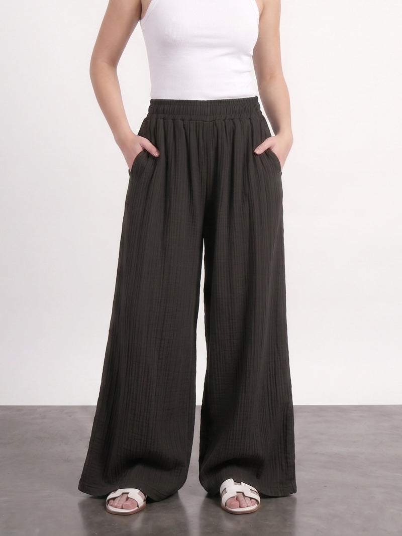 Black Crushed Wide Leg Trousers | Montivo Pakistan