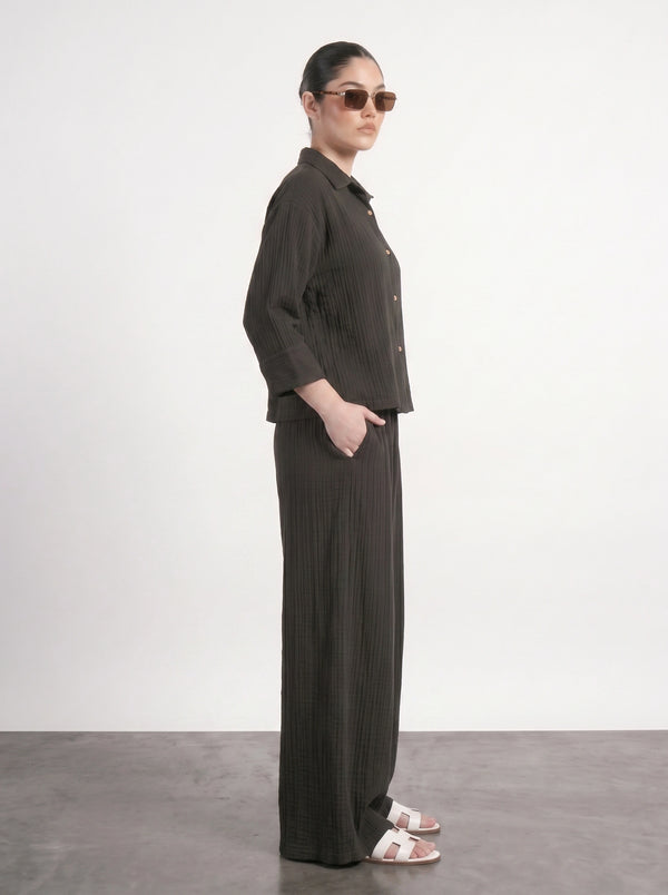 Black Crushed Wide Leg Trousers | Montivo Pakistan