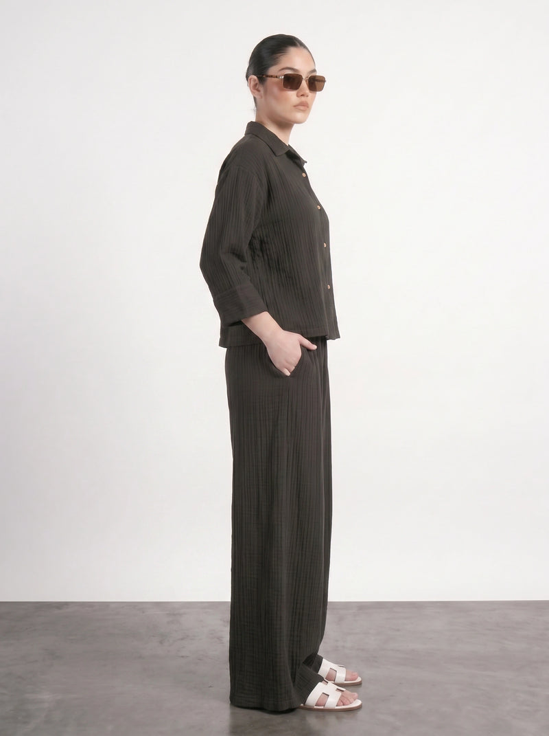 Black Crushed Wide Leg Trousers | Montivo Pakistan