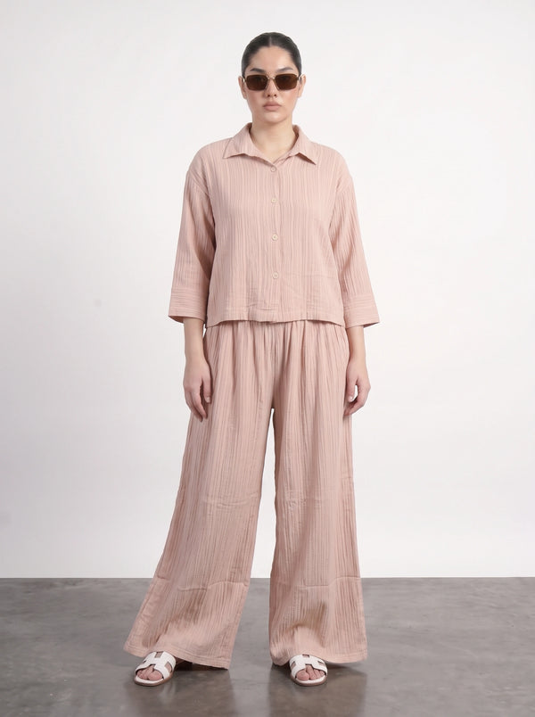 Pink Crushed Wide Leg Trousers | Montivo Pakistan