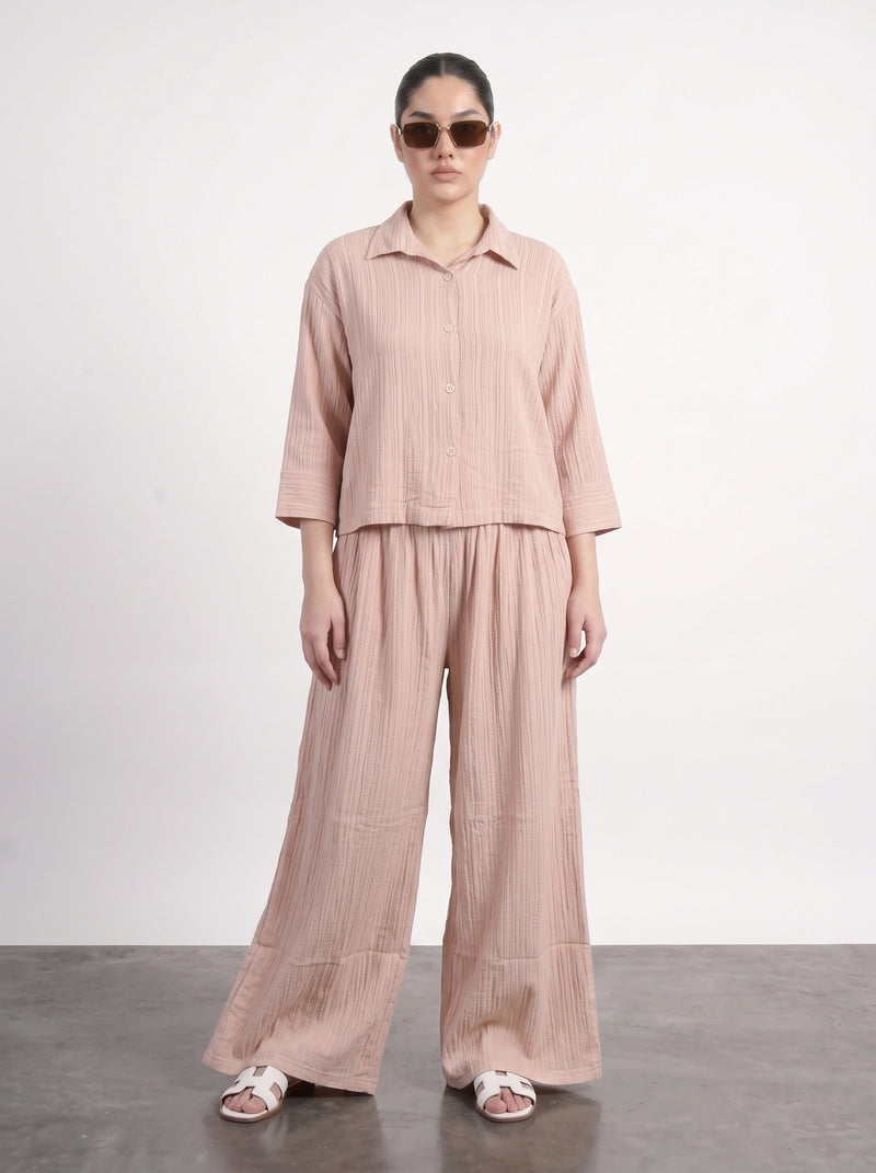 Pink Crushed Wide Leg Trousers | Montivo Pakistan