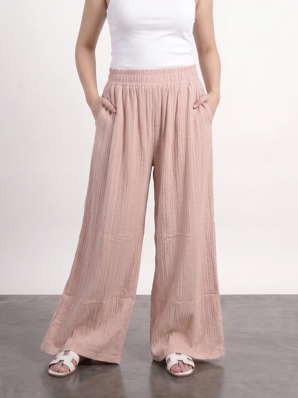 Pink Crushed Wide Leg Trousers | Montivo Pakistan