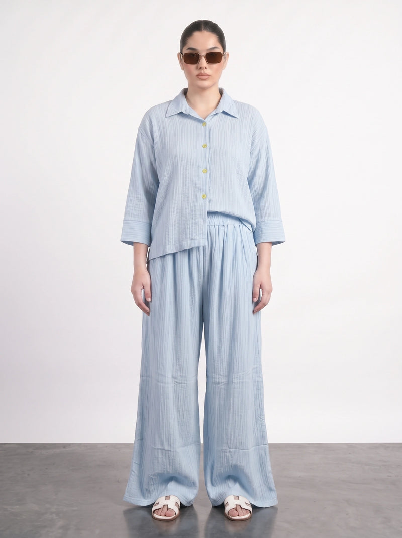 Light Blue Crushed Wide Leg Trousers | Montivo Pakistan