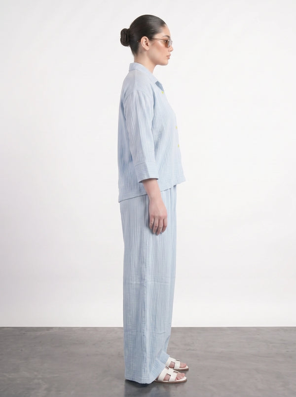 Light Blue Crushed Wide Leg Trousers | Montivo Pakistan