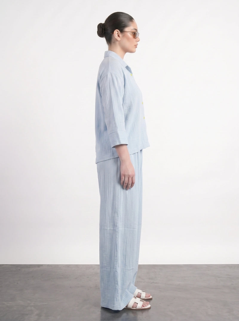 Light Blue Crushed Wide Leg Trousers | Montivo Pakistan