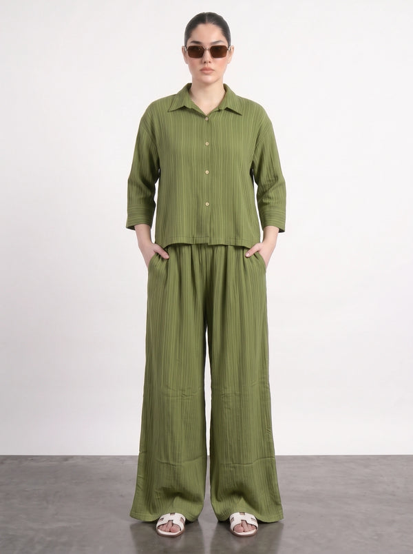 Green Crushed Wide Leg Trousers | Montivo Pakistan