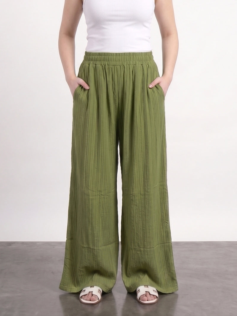 Green Crushed Wide Leg Trousers | Montivo Pakistan