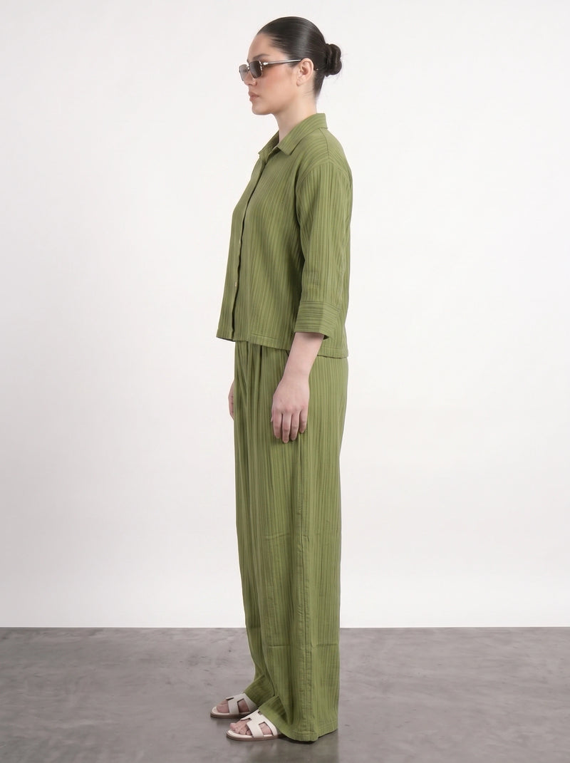 Green Crushed Wide Leg Trousers | Montivo Pakistan
