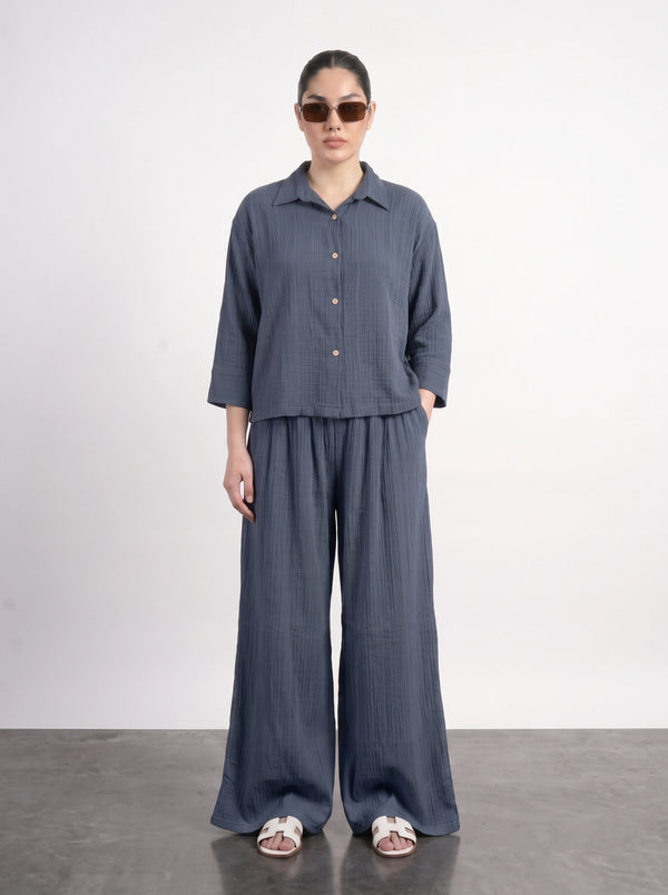 Teal Blue Crushed Wide Leg Trousers | Montivo Pakistan