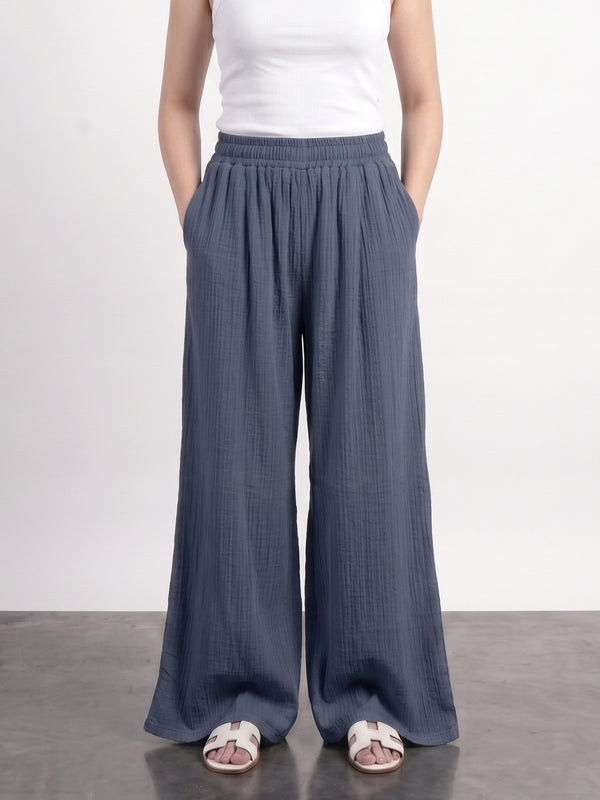Teal Blue Crushed Wide Leg Trousers | Montivo Pakistan