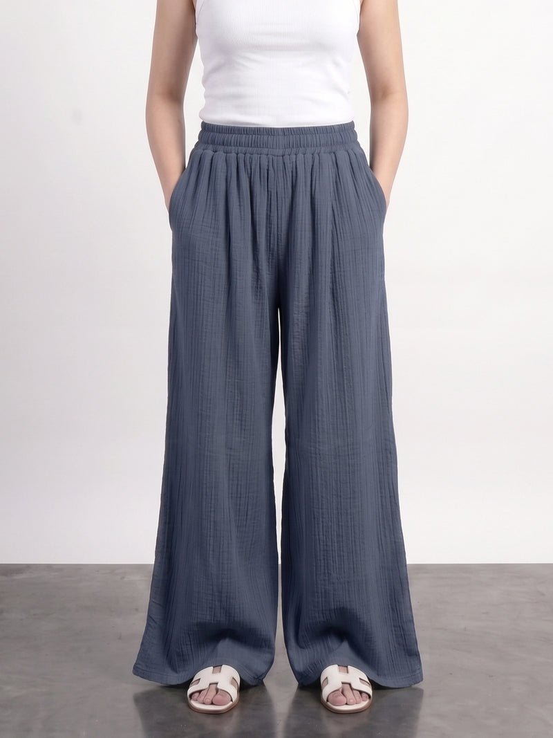 Teal Blue Crushed Wide Leg Trousers | Montivo Pakistan