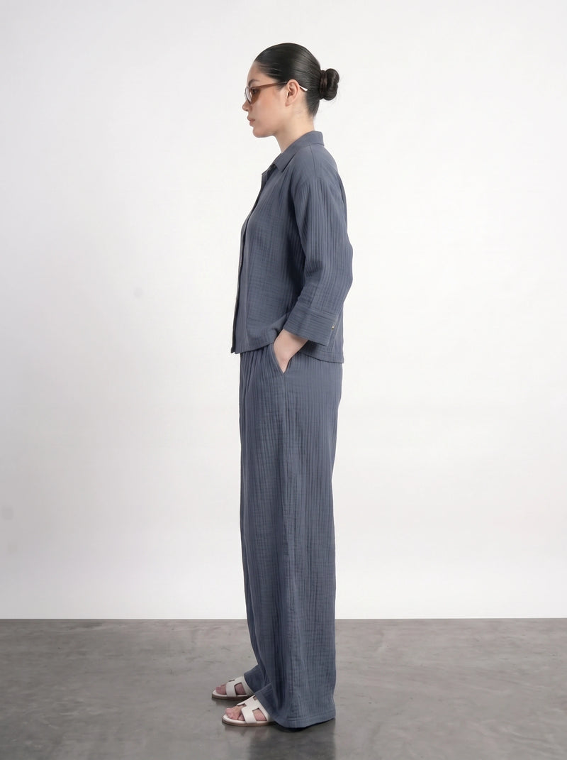 Teal Blue Crushed Wide Leg Trousers | Montivo Pakistan