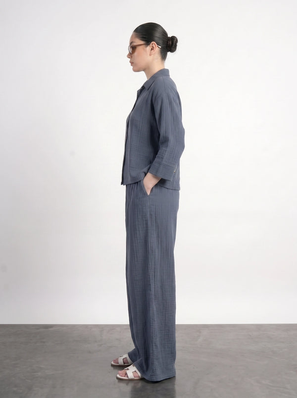 Teal Blue Crushed Wide Leg Trousers | Montivo Pakistan